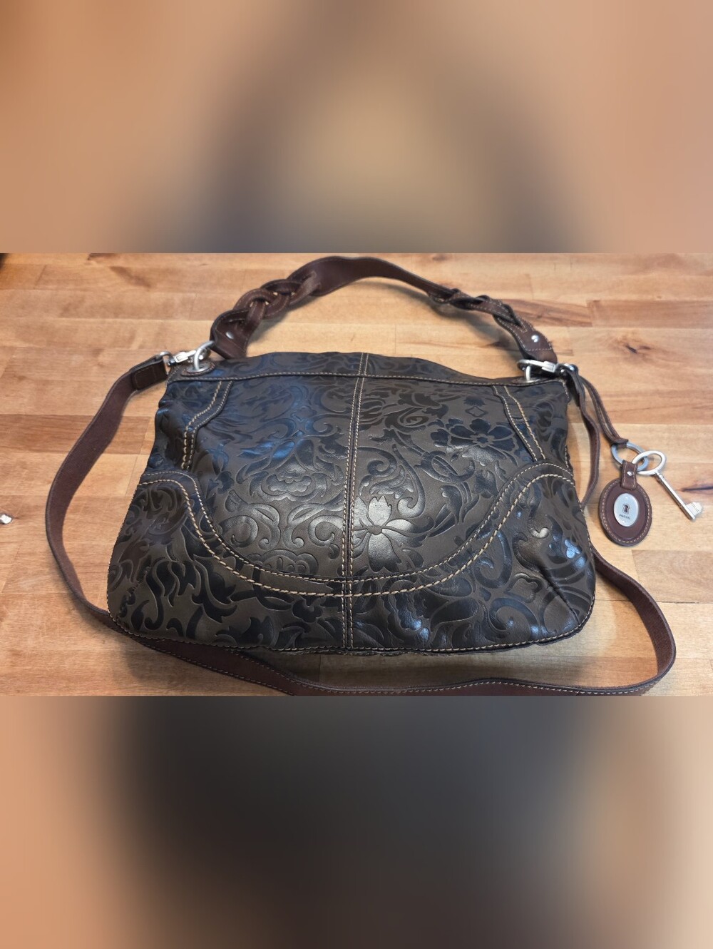 Fossil Embossed Leather Shoulder Hobo Bag Purse - Brown